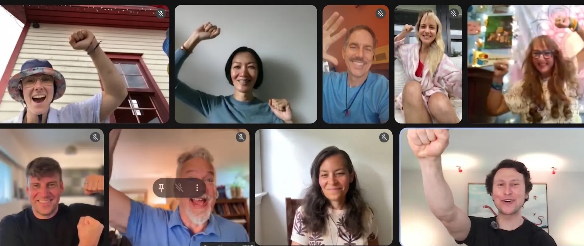 Joymaker masterclass participants cheering together on a video call