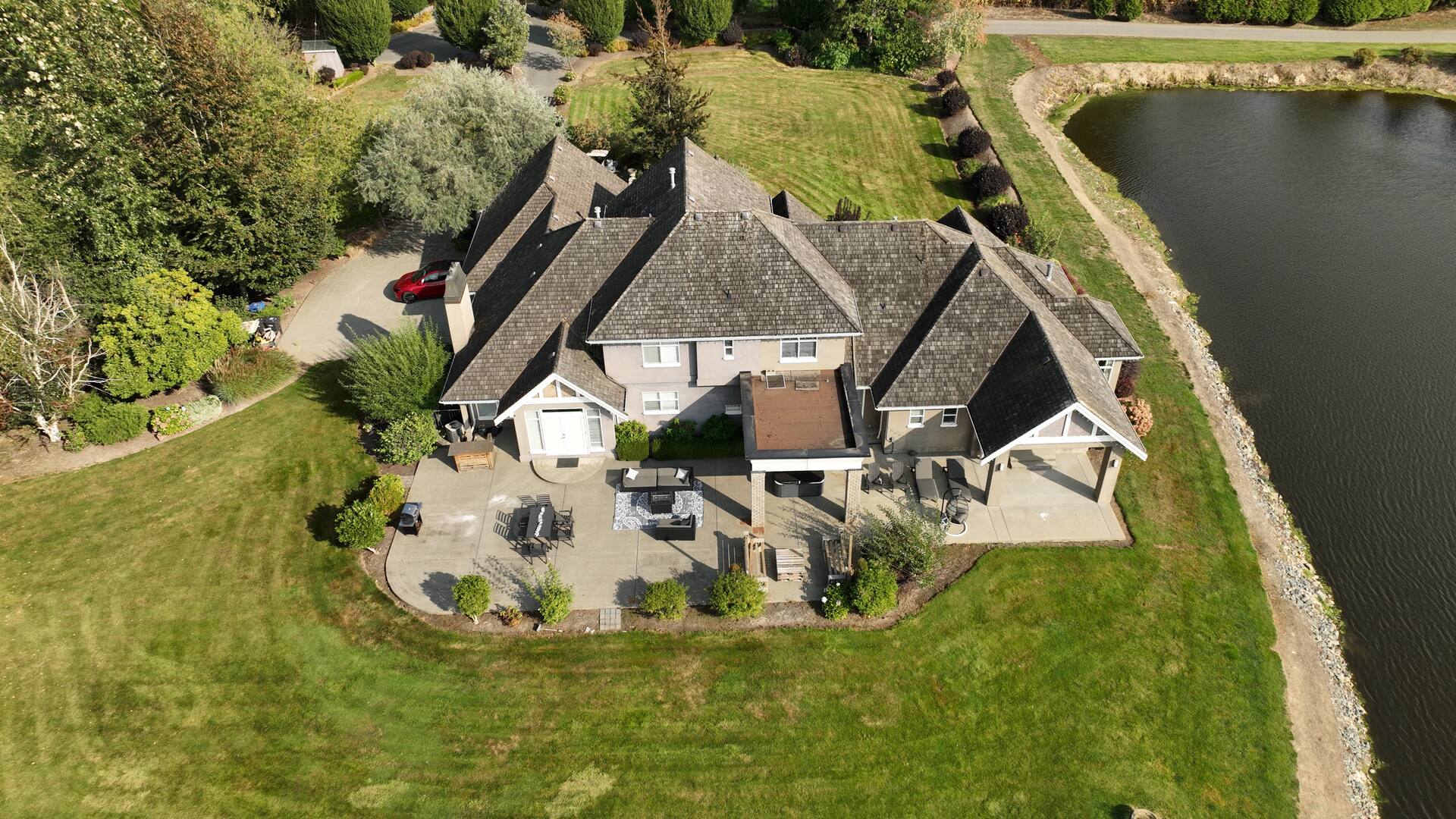 Aerial view of the JoyCamp lakeside estate venue